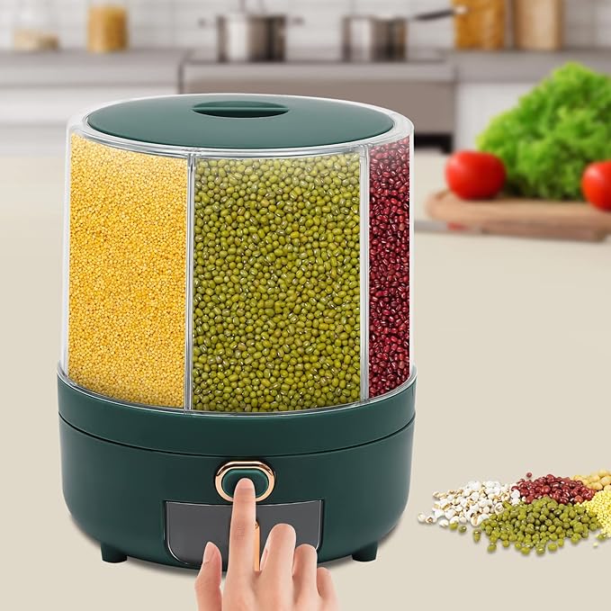 360° Rotating Grain Dispenser With 6 Grids, 13.2lbs Large Capacity Grain Dispenser Rotating Kitchen Storage Containers With Sealed Lid For Peanut Barley Millet And Cereal (Green, 14.3 lbs)