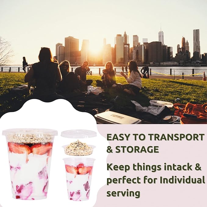 Aatriet 16 oz Clear Plastic Parfait Cups with Insert 4oz & Flat Lids No Hole - (50 Sets) Yogurt Fruit Parfait Cups for Kids, for Dips and Veggies, Take Away Breakfast and Snacks. No Leaking