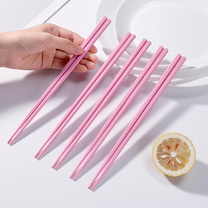 10 Pairs Fiberglass Chopsticks Non-Slip Tips, Dishwasher Safe & Reusable Japanese Korean Chopsticks for Sushi Ramen, 9.63 inch/24.5cm Chop Sticks for Family Restaurant - Pink