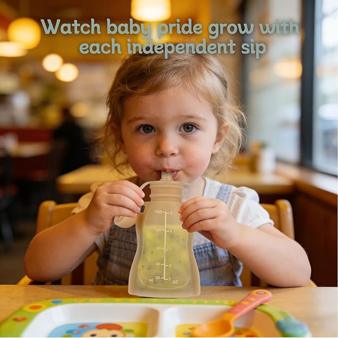 Eascrozn Reusable Baby Food Pouches, 4 Pack with Straw Squeezable Pouches for Toddlers, BPA-Free, Refillable Silicone Baby Food Storage Containers, 5 oz