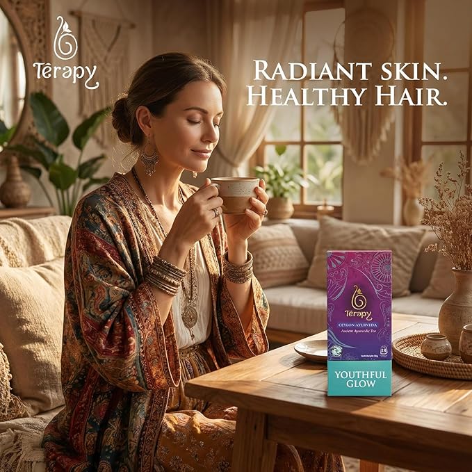 Térapy Ceylon Youthful Glow Tea Bags – Blue Butterfly Pea, Gotu Kola & Licorice Root Blend | Traditional Ayurvedic Herbal Tea Supporting Collagen for Skin & Hair Wellness | 18 Count