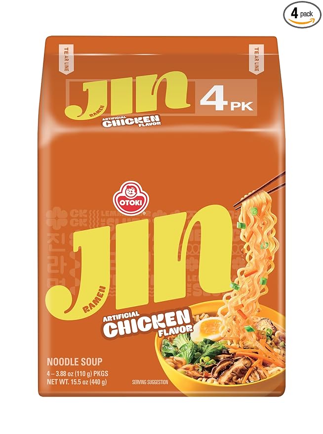 OTOKI Jin Ramen Chicken Korean Instant Ramen, Savory Chicken Broth with Vegetables, Mild Comfort Flavor, Ready in 4 Minutes, 4.23 oz (Pack of 4)