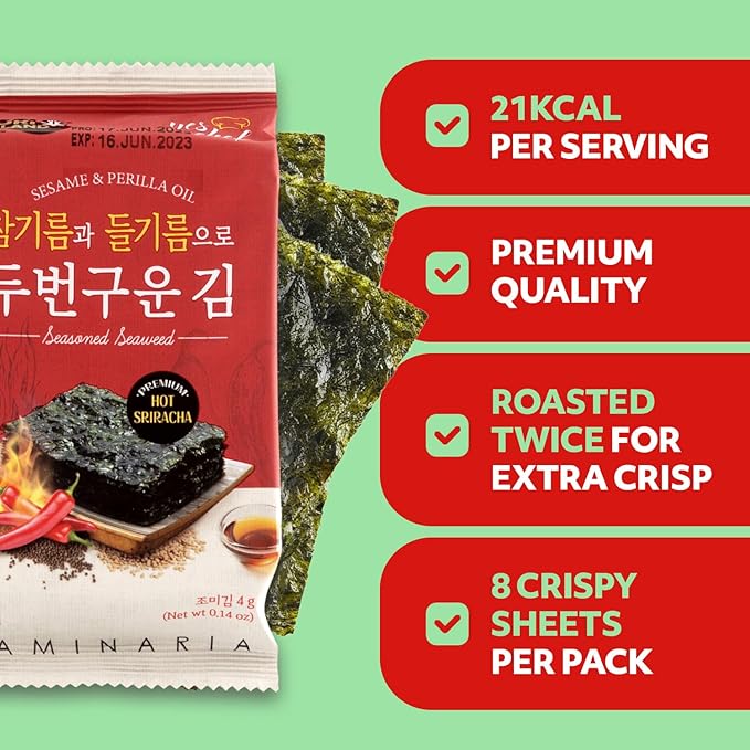 Kim’s Table Roasted Seaweed Snack – Korean Seasoned Spicy Seaweed Sheets, Light & Crispy, Healthy Low Calorie Gluten Free Vegan Snack, 6 Convenient Packs (0.14oz Each) (Sriracha) 스리라차맛 한국 김