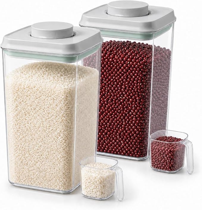 POP Airtight Flour-Rice Food-Storage Container - 4L/4.2Qt Jar with Lid(2Pc) and 3.3Oz Scoop(2Pc) | BPA-Free | Perfect for Storing Grains, pasta, Snacks | Stackable and Durable