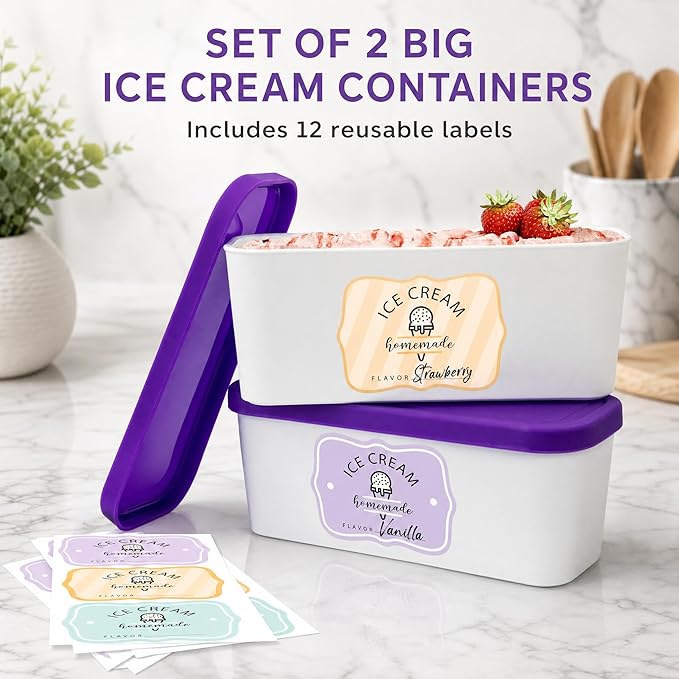 Set of 2 Reusable Ice Cream Tub Containers 1.6 Quart Ea. - Perfect for Homemade Sorbet, Frozen Yogurt Or Gelato - Stackable Storage Containers, Stickers And Lids Stores Easily In Freezer