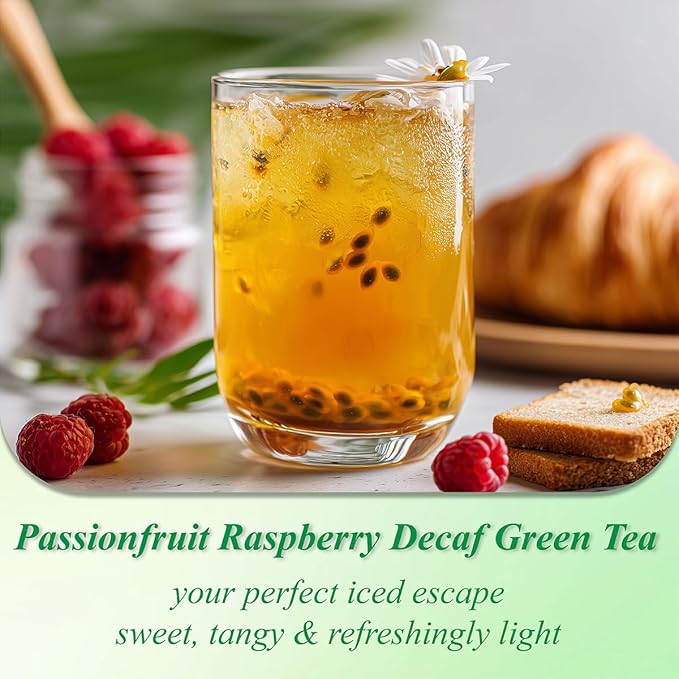 WT WEETEE Decaf Passionfruit Raspberry Green Tea, 100 Count Passion Fruit Raspberry Flavored Decaffeinated Green Tea Bags, CO2 Decaffeination
