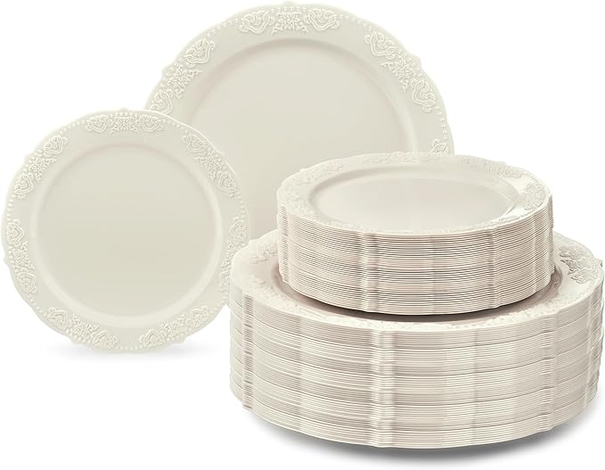 OCCASIONS 240 Pack (120 Guests) Fancy Vintage Disposable Plastic Plates Set, Heavy Duty Wedding Dinnerware Set - 120 x 10.25" Dinner + 120 x 7.5" Salad/Dessert, BPA Free, China-Like (Portofino Ivory)