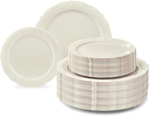 OCCASIONS 240 Pack (120 Guests) Fancy Vintage Disposable Plastic Plates Set, Heavy Duty Wedding Dinnerware Set - 120 x 10.25" Dinner + 120 x 7.5" Salad/Dessert, BPA Free, China-Like (Portofino Ivory)