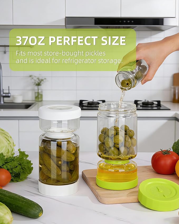 ZENS Pickle Jar with Strainer Flip, 37 oz Hourglass Pickle Juice Separator Container, Airtight Leakproof Lid, 2 Pack Pickling Jars for Olive, Jalapeno Container-Dual Wet-Dry Design