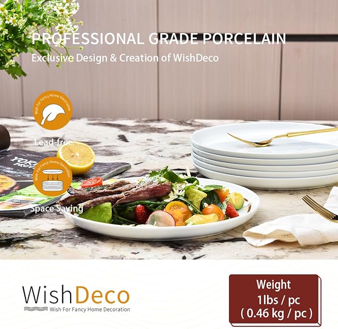 WishDeco White Dinner Plates Set of 6, Porcelain Salad Plates 9 Inch, Modern Kitchen Plate, Round Serving Dishes, Microwave and Dishwasher Safe, Scratch Resistant, Smooth Glaze