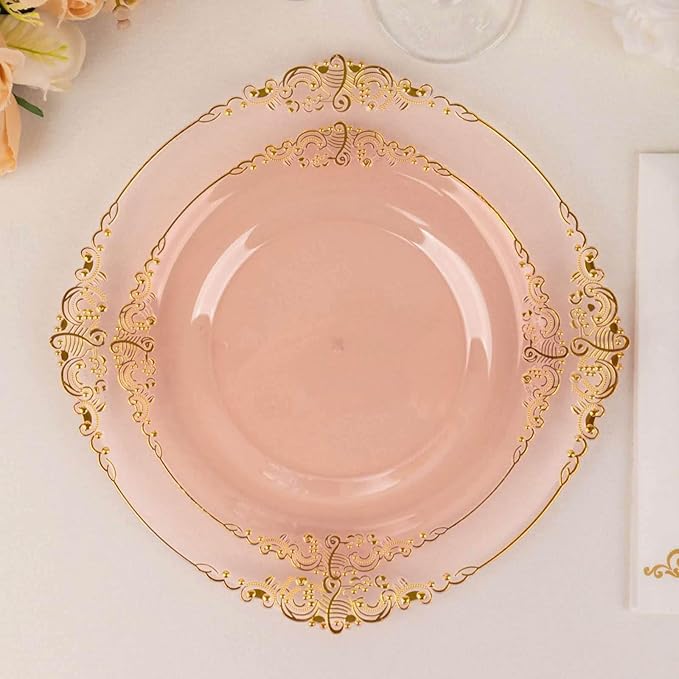 Efavormart 10 Pack | 8" Translucent Blush and Gold Baroque Dessert Plates, Leaf Embossed Metallic Rim Shatterproof Appetizer Plates for Spring Showers