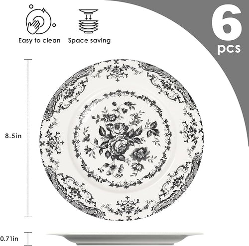Salad Plates, 8.5 Inch Ceramic Plates Set of 6, Kitchen Plate Microwave Safe, White Porcelain Dessert Plate Porcelain Serving Dishes, Black