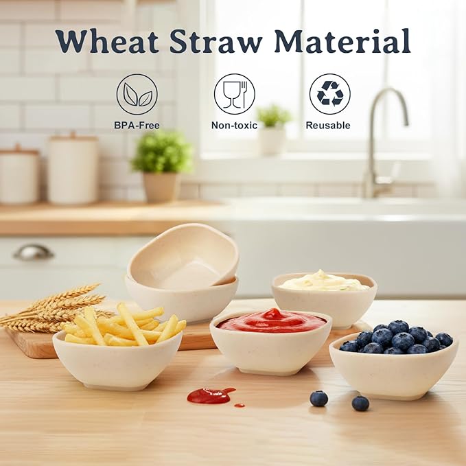 5 OZ Dipping Bowls Sets of 6, Wheat Straw Small Bowls for Dips, Small Ramekins for Side Dishes, Sauce, Unbreakable Charcuterie Cups, Charcuterie Bowls for Kitchen, BBQ, Party, RV - Beige