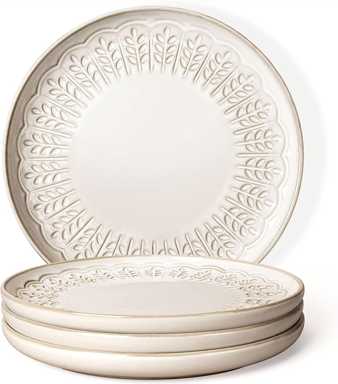 Artena Large Ceramic Dinner Plates Set Of 4, 10.75 Inch Embossed Kitchen Salad Plates, Modern Serving Plates For Restaurant, Plates With Lipped Edges, Microwave Dishwasher Safe (Wheat Leaf)