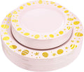 LIYH 60 Pcs Pink Plastic Easter Egg Plates Disposable Dinner & Dessert Plates with Gold Rim for Easter Day Party Decor 30 Guests