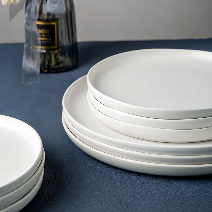 AmorArc Ceramic Dinner Plates Set of 6, Wavy Rim 10.25 Inch Stoneware Dish Set, Dinnerware Plates for Kitchen-Microwave&Dishwasher Safe, Scratch Resistant-Reactive Glaze Matte White
