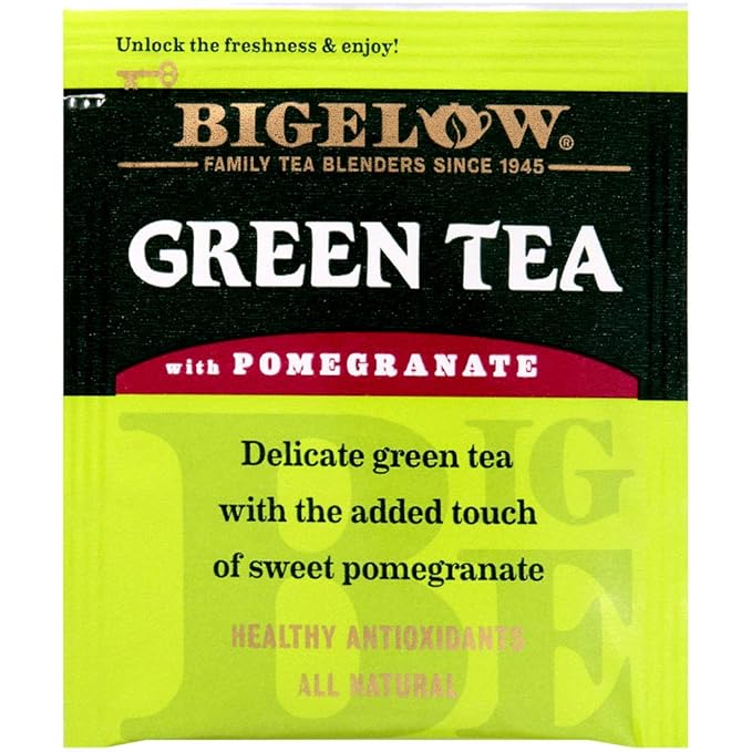 Bigelow Tea Green Tea with Pomegranate 28-Count Box (Pack of 1) Premium Green Tea with Pomegranate Rosehips Hibiscus Antioxidant-Rich All Natural Medium-Caffeine Tea in Foil-Wrapped Bags