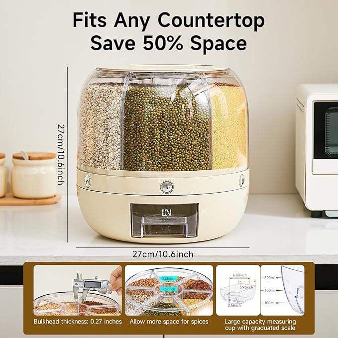 UFORU Rice Dispenser | 360° Rotating Grain Storage Bin - 6 Grids, 20LBS Large Capacity Food Container, Moisture-Proof, One-Click Output for Rice, Beans & Pet Food - Kitchen Pantry Organizer