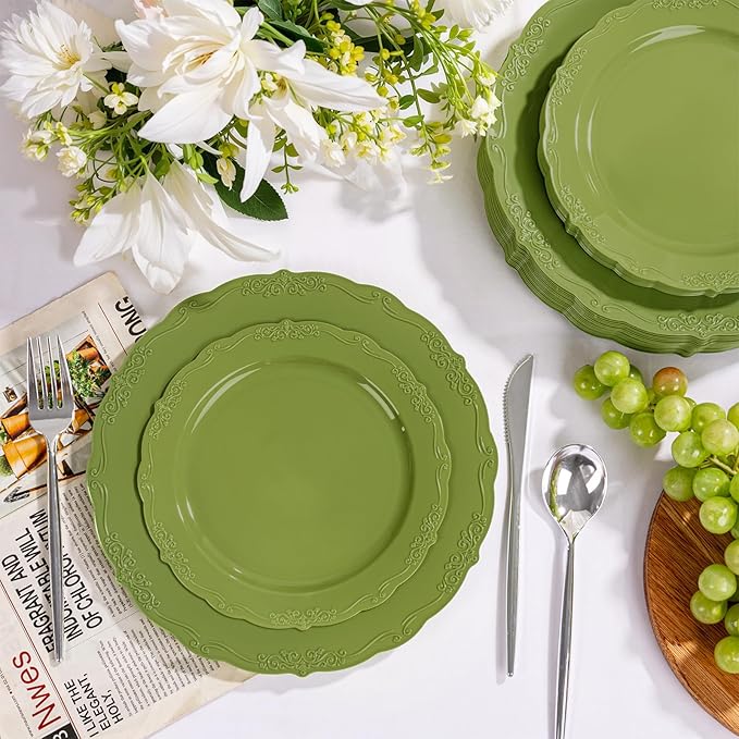 U-QE 100PCS Olive Green Plastic Plates - Plastic Green Plates Disposable Heavy Duty - Olive Disposable Plates for Party Including 50PCS 10'' Dinner & 50PCS 7.5'' Dessert Plate