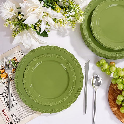 U-QE 100PCS Olive Green Plastic Plates - Plastic Green Plates Disposable Heavy Duty - Olive Disposable Plates for Party Including 50PCS 10'' Dinner & 50PCS 7.5'' Dessert Plate