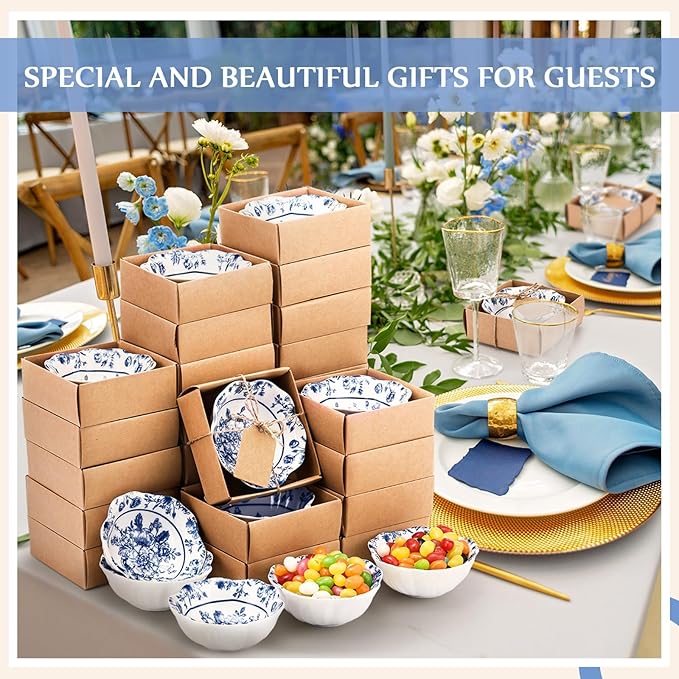 SiliFine 48 Pcs Wedding Favors for Guests Small Ceramic Bowl Bulk Gifts Set 3.3 Inch Floral Design Mini Dipping Sauce Dish with Card Box for Bridal Pooja Baby Shower Birthday (Flower,Blue)