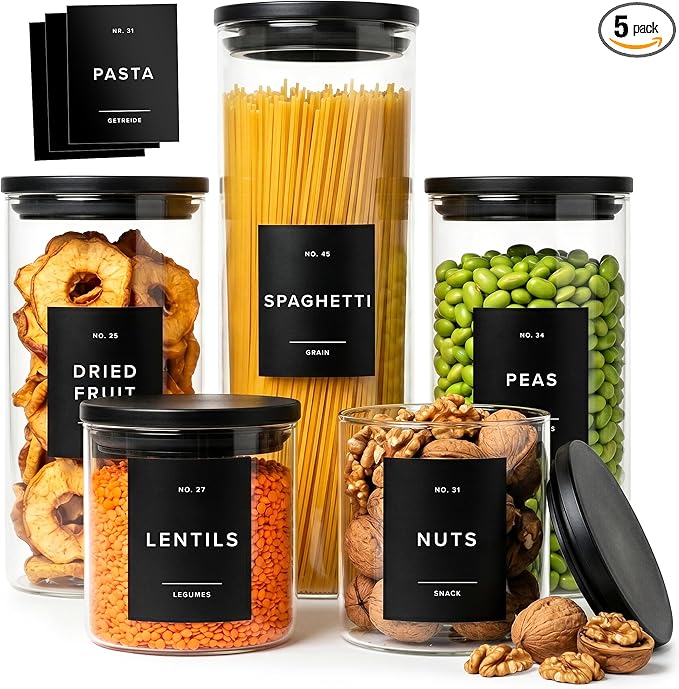 EDELHAUS Glass Storage Containers with Black Lids [Extra Thick Glas] with 54 Labels - Canister For Pantry Noodles Flour Cereal Rice Sugar Tea Coffee Beans - Round Set of 5x