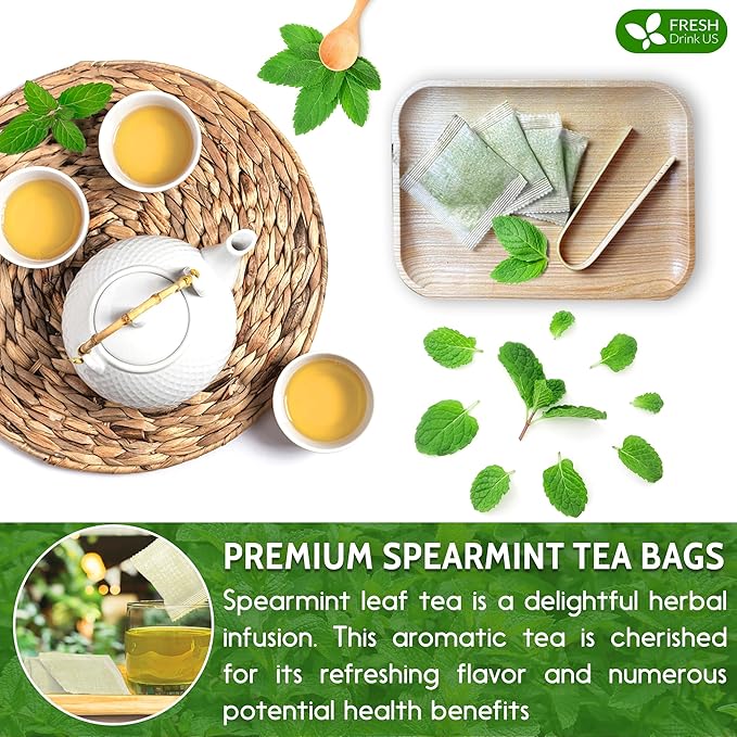FreshDrinkUS, Premium 135 Spearmint Tea Bags, 100% Natural & Pure from Spearmint Leaves. Loose Leaf Spearmint Herbal Tea. Made with Natural Material Tea Bags. No Sugar, No Caffeine, No Gluten, Vegan.