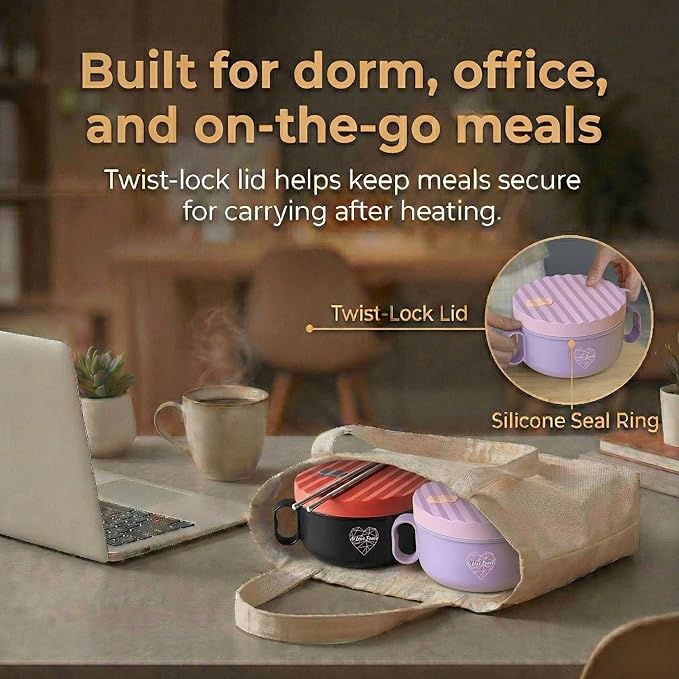 AI LOVE PEACE Soup and Ramen Bowl Set of 2, 40 oz Microwaveable Noodle Bowls with Lids, Dishwasher Safe for Pho, Pasta, Rice, Oatmeal, Work Lunch (Purple & Red)