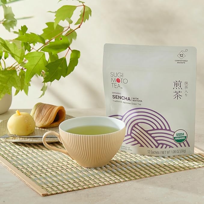 SUGIMOTO TEA Japanese Organic Sencha with Matcha Green Tea Bags 12 Count