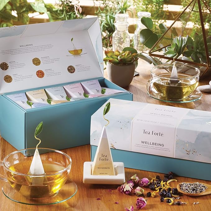 Tea Forte Premium Presentation Box Gift Set Sampler, 20 Count, Assorted Blends Individually Wrapped Handcrafted Pyramid Infuser Bags, Gifts for Mom, Wellbeing Tea