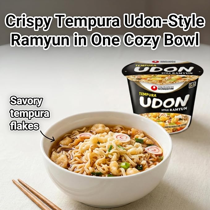 Nongshim Tempura Udon Style Noodle Soup Big Bowl, Deep & Rich Umami Flavor, Savory Broth, Microwavable, Chewy Noodles, 4.02 oz (Pack of 12)