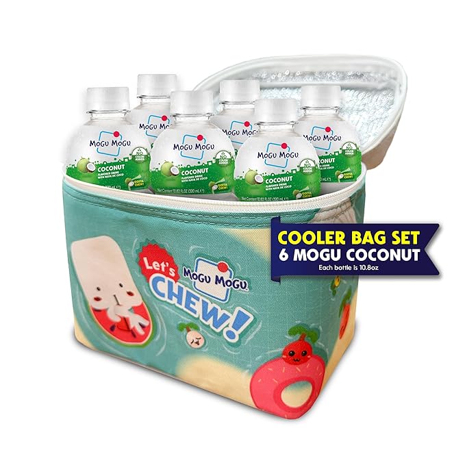 Mogu Mogu Coconut Juice Drink (6 Bottles) with Limited Edition Cooler Bag – Chewy Kids & Adults Drink with Nata de Coco | Fun Coconut Beverage | Ready to Drink Juice Set