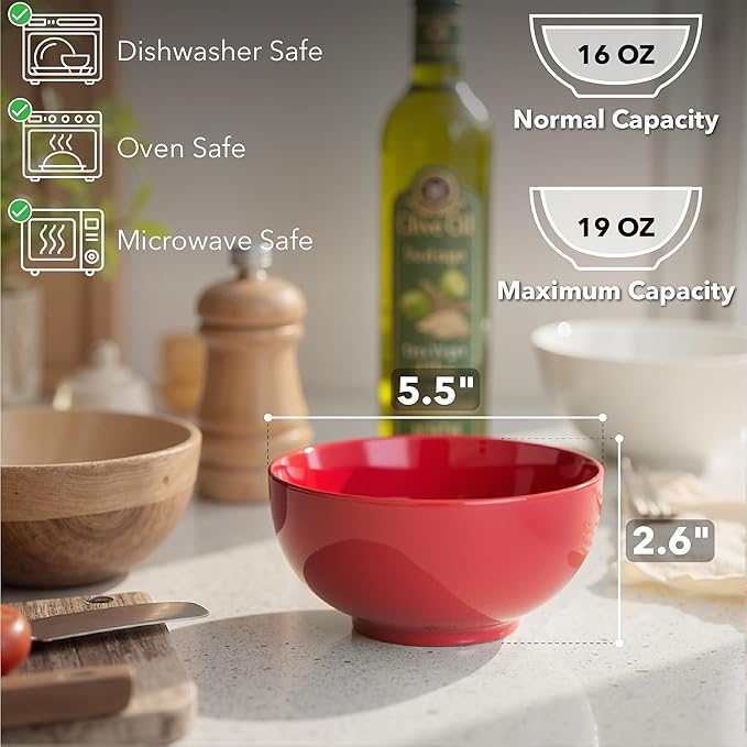 Brew To A Tea BTaT- Soup Bowls Set, 16 Ounces, Set of 12, Red, Porcelain Dishes for Soup, Rice, Salad, Noodle, Microwave, Oven, Freezer & Dishwasher Safe, Deep Cereal Bowls for Kitchen