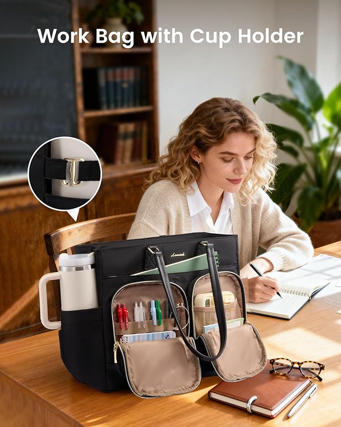 LOVEVOOK Lunch Tote Bag for Women, 17.3 Inch Laptop Tote with Insulated Lunch Compartment, Large Capacity Lunch Bag for Work, Business, Daily, Outdoors, Black