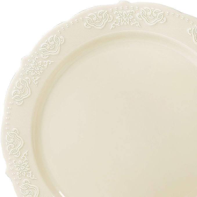 OCCASIONS 240 Pack (120 Guests) Fancy Vintage Disposable Plastic Plates Set, Heavy Duty Wedding Dinnerware Set - 120 x 10.25" Dinner + 120 x 7.5" Salad/Dessert, BPA Free, China-Like (Portofino Ivory)