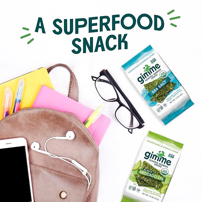 Gimme Seaweed Organic Premium Roasted Seaweed Snacks, Sea Salt, Keto, Vegan, Gluten-Free, Great Source of Omega3s and Iodine, Healthy On-The-Go Snack for Kids and Adults, 20 Count (Pack of 2)