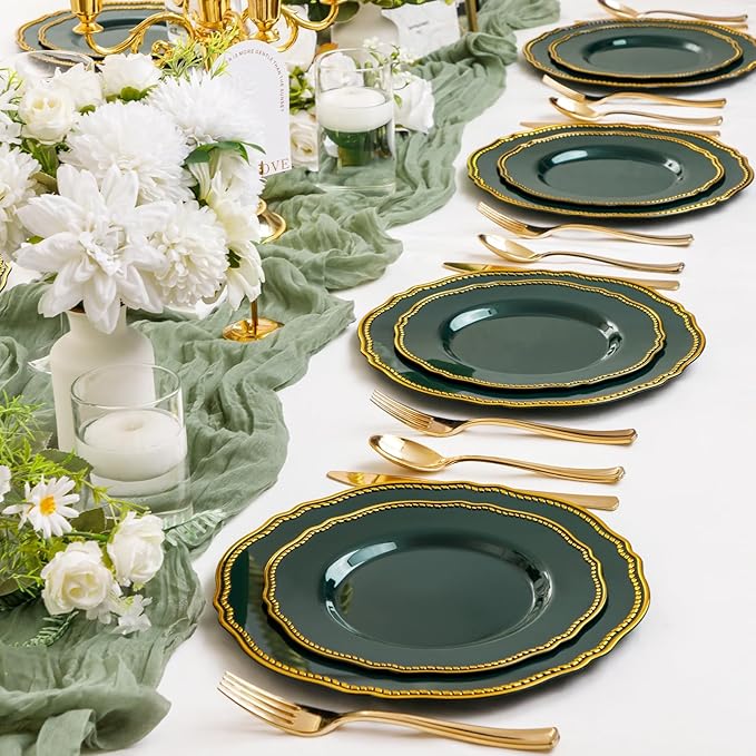 Hioasis 60pcs Green Plastic Plates - Green and Gold Disposable Dinnerware with Gold Rim, Heavy-duty, 7.5 inch, Dessert Plates for Party & Christmas