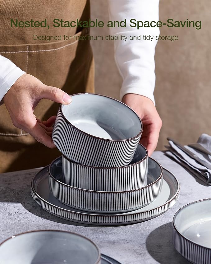 Famiware Star 18-Piece Reactive Glaze Plates and Bowls Sets, Service for 6 - Stoneware Dinnerware with Trim, Modern Rustic Dishes, Chip & Scratch Resistant, Microwave & Dishwasher Safe, Smoky Blue