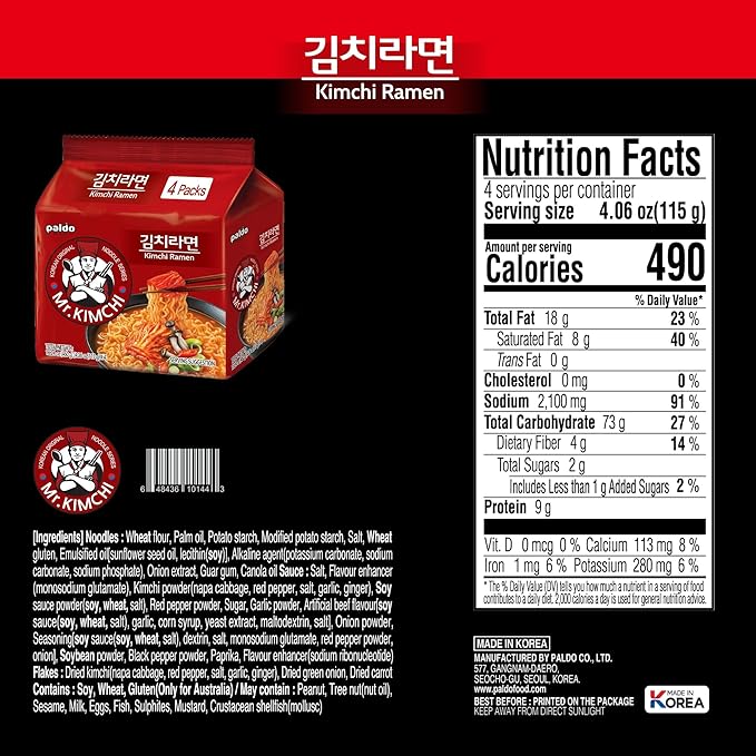 Paldo Fun & Yum Kimchi Ramen Instant Noodles with Soup, Kimchi Based Spicy Broth, Best Oriental Style, Original Korean Ramyun, Spicy Ramen Challenge, K-Food 115g 4.06 Ounce (Pack of 4)