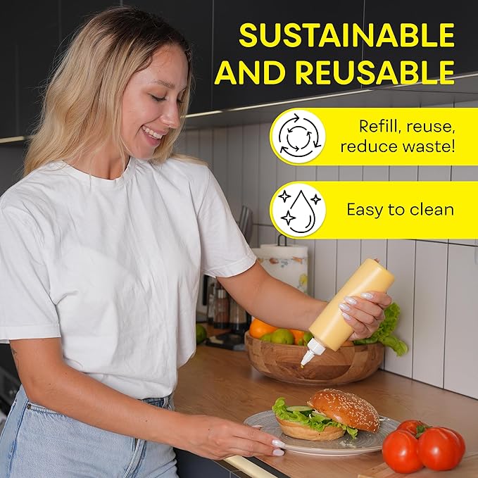 BRIGHTFROM Condiment Squeeze Bottles, 12 OZ Empty Squirt Bottle with Twist Top Cap, Leak Proof - Great for Ketchup, Mustard, Syrup, Sauces, Dressing, Oil, Arts and Crafts, BPA FREE Plastic - 4 PACK