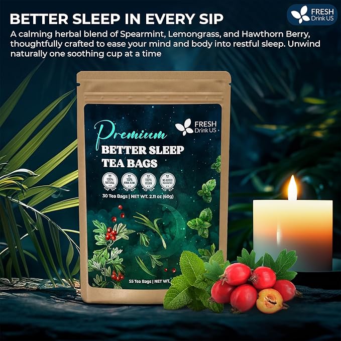 FreshDrinkUS, Premium 75 Tea Bags Better Sleep Herbal Tea | Caffeine-Free Loose Leaf Blend with Spearmint Leaves, Lemongrass Leaves, and Hawthorn Berry – Naturally Refreshing and Aromatic.