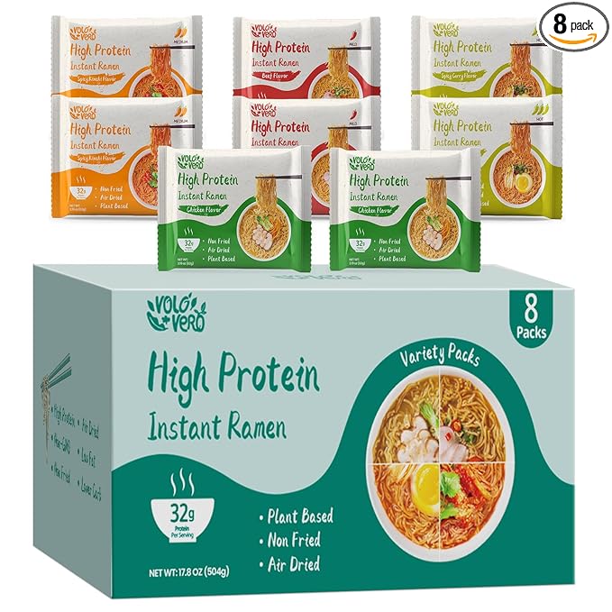 VOLO VERO Protein (32g) Ramen Variety Pack - Chicken, Spicy “Beef, Kimchi, Curry”, 8 Packs Instant High Protein Ramen Noodles Soup, Plant-Based, Non-Fried, Vegan, Low Fat, Egg & Dairy Free Healthy Meal