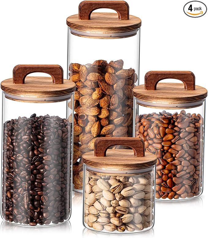 Layhit 4 Pcs Glass Food Storage Jars with Airtight Wood Lid Storage Jars Containers with Stickers Marker for Candy, Cookie, Rice, Sugar, Flour, Pasta, Nuts, 4 Size(Cylindrical)