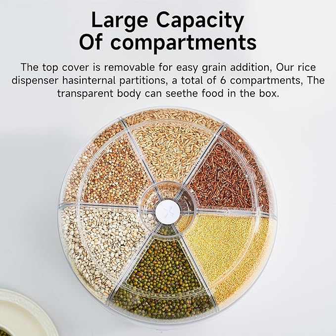 UFORU Rice Dispenser | 360° Rotating Grain Storage Bin - 6 Grids, 20LBS Large Capacity Food Container, Moisture-Proof, One-Click Output for Rice, Beans & Pet Food - Kitchen Pantry Organizer