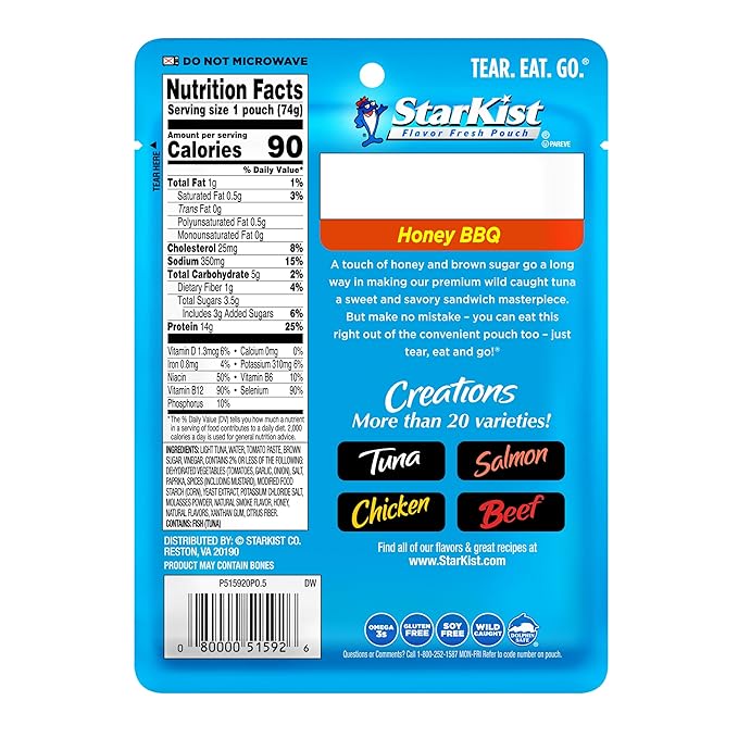 StarKist Tuna Creations Honey BBQ Pouch (2.6 oz - 1 Pack) Wild Caught, High Protein Shelf Stable Seafood, Gluten Free, Soy Free, No Draining, Ready to Eat for Salads and Sandwiches