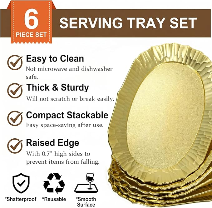 AVLA 6 Pack Plastic Serving Tray, Gold Serving Platter Set, Reusable Party Snack Serving Tray, Decorative Food Appetizer Platters for Dessert Table, Cupcake, Charcuterie, Cookies, 14" x 8.5"