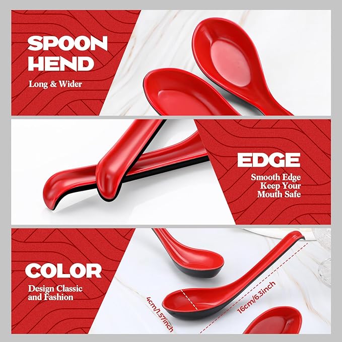 Hushee 100 Pcs Asian Chinese Soup Spoons 6.3 Inches Japanese Korean Miso Soup Spoons Red and Black Bulk with Hook for Soba Wonton Rice Pho Ramen Noodle Dumpling