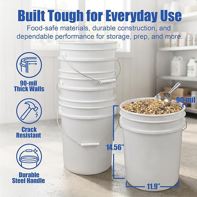 ePackageSupply 5 Gallon Bucket - Food Grade Bucket with Airtight Gamma Seal Screw-On Lid, BPA-Free, Heavy-Duty 90 Mil HDPE Plastic, Bulk Storage, Durable Container, Made in USA, White/Red, 3 Packs
