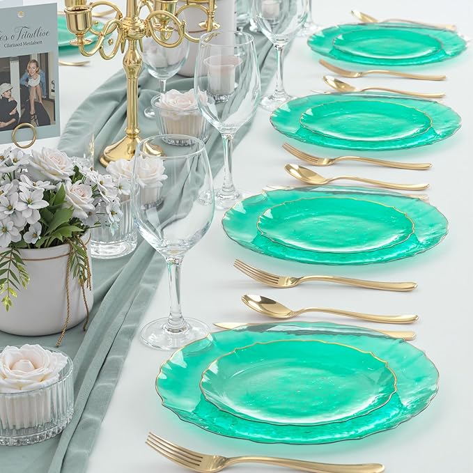 bUCLA 40PCS Clear Green Plastic Plates - Green and Gold Disposable Hammered Plates Fancy Lace-Edge, Crystal Design for 20 Guests Include 20 Each(Dinner&Dessert), Ideal for Party & Christmas