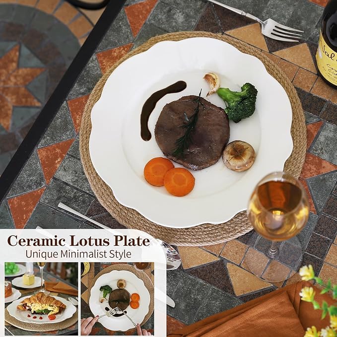 10.5 Inch Porcelain Large Dinner Plates Set of 8, White Leave Wave Rim Appetizer Salad Plates, Ceramic Dinnerware Serving Plate for Pancakes, Steak, Pasta, Pizza, Microwave, Dishwasher Safe